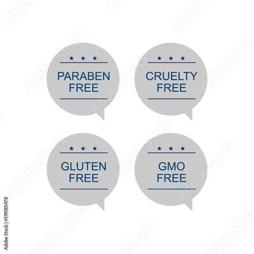 Paraben Free, Cruelty Free, Gluten Free, Gmo Free design Labels isolated on White