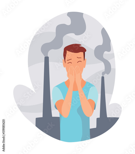 Allergic reactions concept. Symptoms of disease. Man with hypersensitivity and reaction of immune system on air pollution