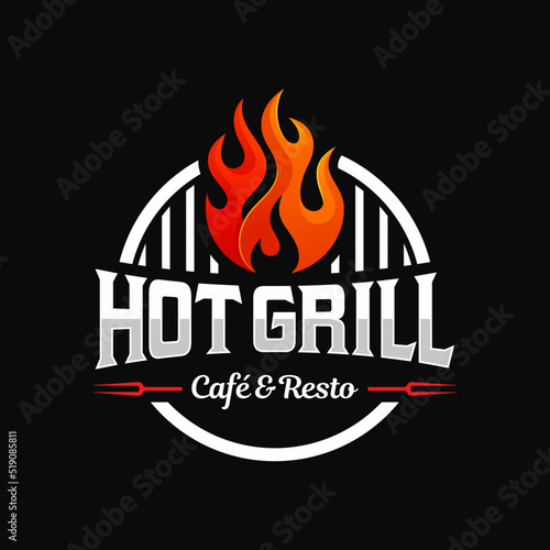 vintage grilled barbecue logo, retro BBQ vector, fire grill food and restaurant icon, Red fire icon