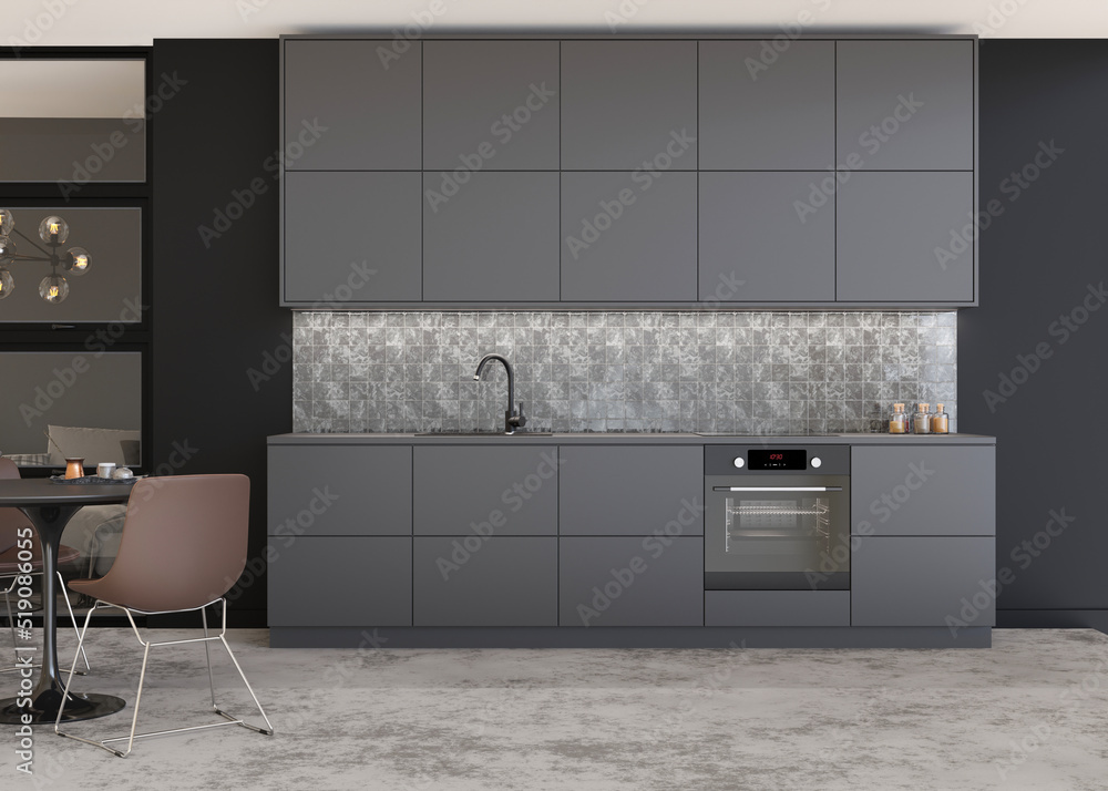 Beautiful and modern kitchen. Gray kitchen furniture. Home interior in ...