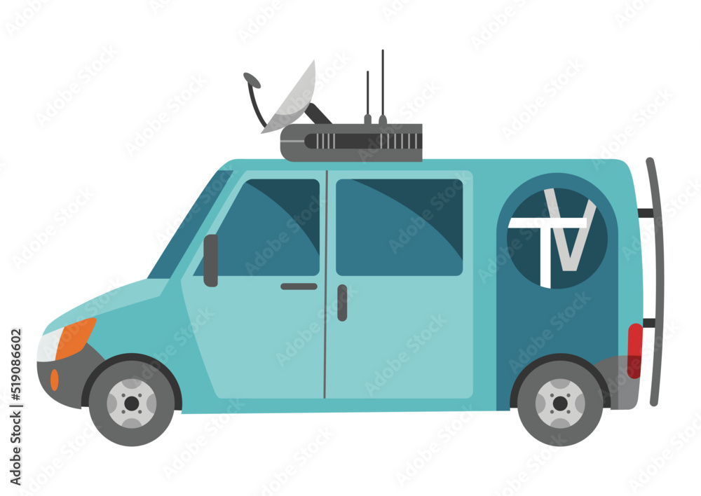 Tv broadcasting vehicle with satellite dish on the roof. Car with antenna for reporting news. Auto side view. Journalist transportation
