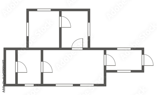 Apartment architectural plan. Black and white isolated condominium or house. Floor plan, interior design kitchen, bedrooms, living room, dining room and bathroom. Apartment without furniture top view