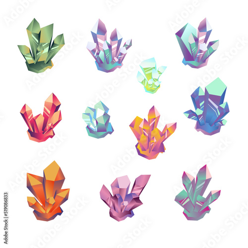 set of bright crystal stones elements on white background