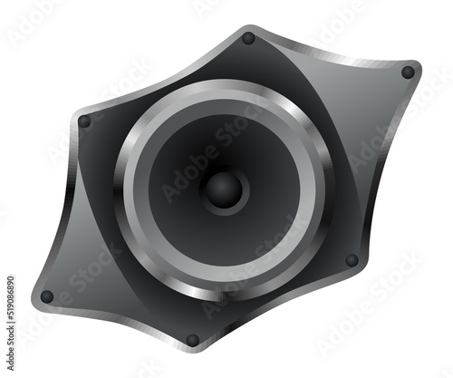 Acoustic speaker. Modern electronic equipment, volume music listening isolated. Metallic power bass system loudspeaker device. Audio subwoofer icon for concert, party or home cinema