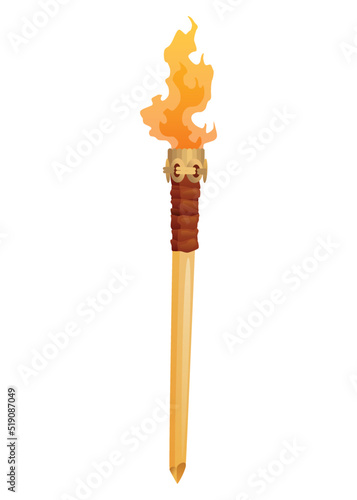 Medieval torch with burning fire. Ancient realistic wooden torch with flame. Cartoon game element vector illustration