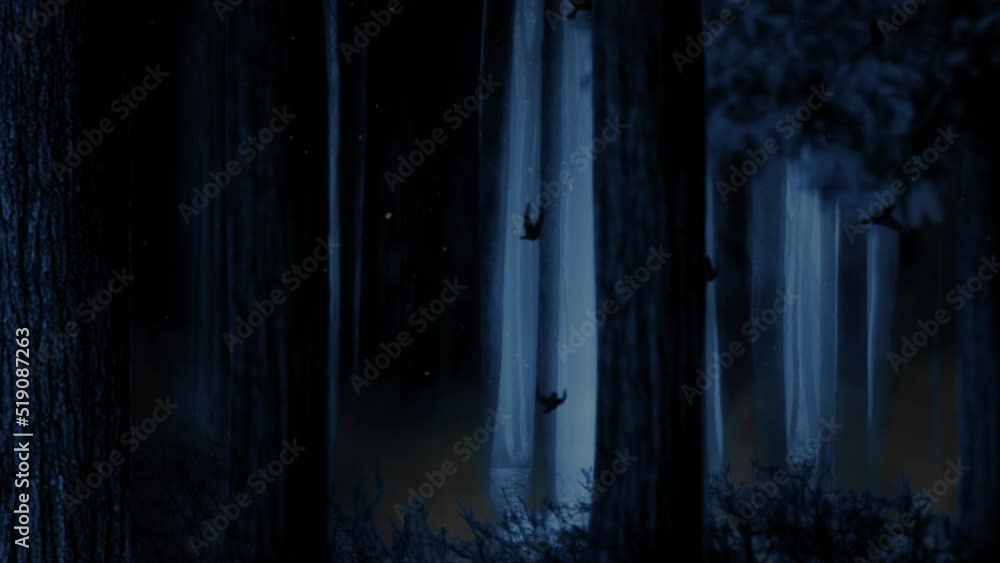 Scary forest at night with child kid running Scary forest at night with child kid running