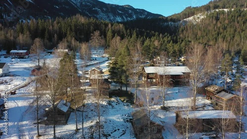 Hallingdal museum in Nesbyen Norway - Beautiful sunny winter morning aerial with panoramic view of buildings and exterior photo