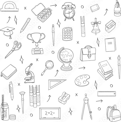 Fototapeta Naklejka Na Ścianę i Meble -  Hand drawn school supplies icons. Vector illustration, doodle style.