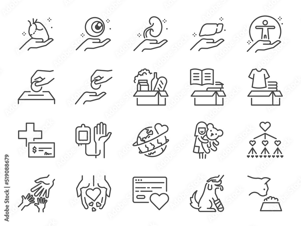 Charity line icon set. Included the icons as a donation, donate, social issues, give, take, and more. Charity line icon set. Included the icons as a donation, donate, social issues, give, take, and more.