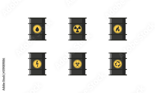 Oil barrel vector icon with danger sign, Various containers with dangerous chemical liquids toxins and oils substances set