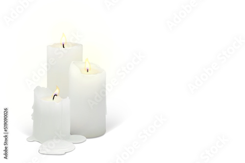 Set of realistic burning candles on a white background. 3d candles with melting wax, flame and halo of light. Vector illustration with mesh gradients. EPS10.