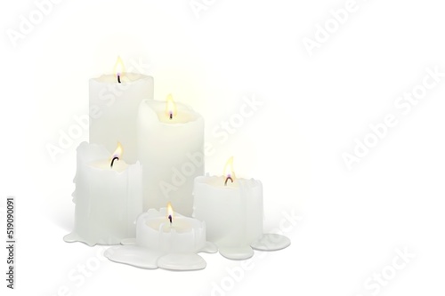 Set of realistic burning candles on a white background. 3d candles with melting wax, flame and halo of light. Vector illustration with mesh gradients. EPS10.