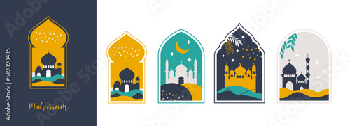 Happy Islamic new year. Muharram hijri month, crescent moon, mosque door vector collection set