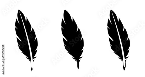 Feather. Plume set. Black flat icons isolated on white background. Vector clipart.