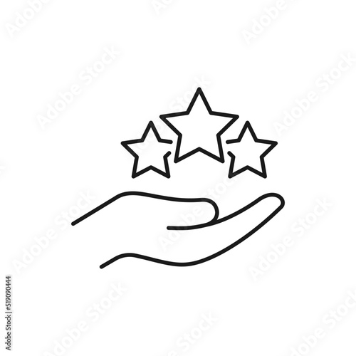 Three stars on hand. Good rating, customer satisfaction icon line style isolated on white background. Vector illustration