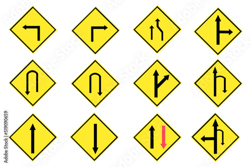 Set of yellow traffic signs