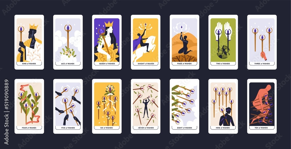 Plakat Tarot cards deck set. Minor Arcanas, suit of wands pack. Occult