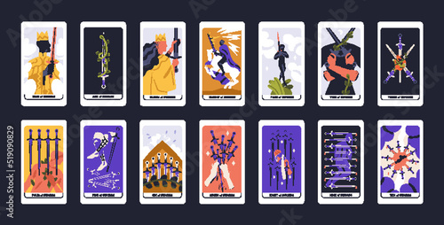Suit of Swords in tarot cards deck. Modern esoteric minor arcanas designs pack with Nobles. Occult Taro Ace, King, Knight, Queen, Two through Ten symbols. Isolated colored flat vector illustrations
