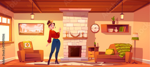 Woman in living room in rustic style with fireplace and vintage furniture. Vector cartoon illustration of cozy house interior with sofa, chair, carpet on floor and girl with hairband waving hand