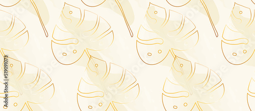 Luxury gold tropical leaves background vector. Vector horizontal banner with gold tropical leaves. 
