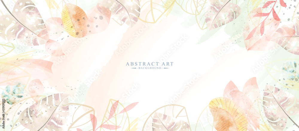 Abstract watercolor art background vector. Gingko and botanical line art wallpaper. Luxury cover design with text, golden texture and brush style. floral art for wall decoration and prints.
