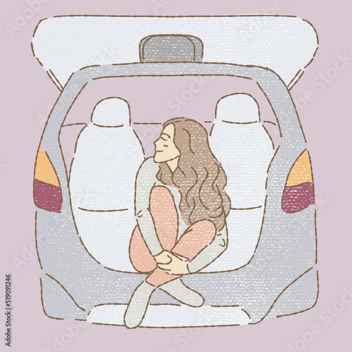 Young woman sitting at the back seat in the car, girl relaxing on the open car's back boot. Road trip. Hand drawn flat vector illustration cartoon characters in colored pencil texture style