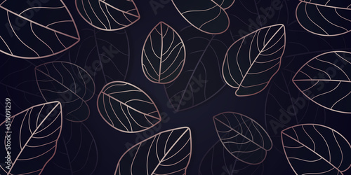 Black and gold tropical leaves on dark botanical luxury background 