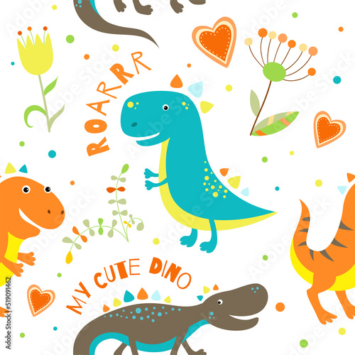 Seamless patterns with cute hand drawn sketches with dinosaurs. Funny dinos pattern. Endless texture can be used for pattern fills, web page background, surface texture. Vector EPS8