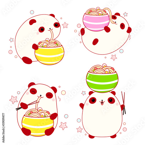 Set of cute animals in kawaii style. Funny fat panda eat ramen noodles. Can be used for t-shirt print, stickers, greeting card. Kawaii little pandas are happy to eat noodles. Vector illustration EPS8
