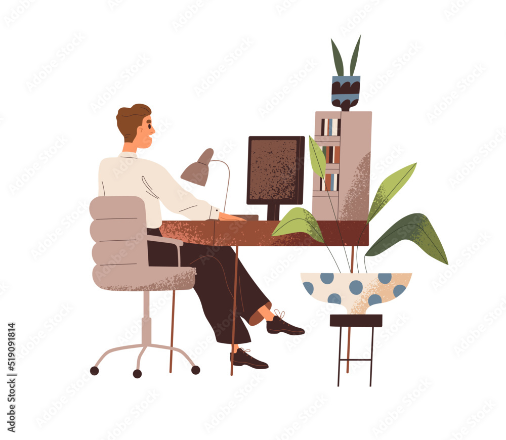 Business man at computer desk at work. Employee working at PC at cozy workplace. Office worker sitting in chair at desktop table with bookshelf. Flat vector illustration isolated on white background