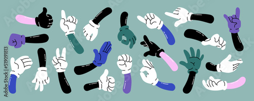 Abstract doodle funny comic gloved hands cartoon set. Vector fingers different gestures, comic arms counting, thumb gesturing illustration. Personage hand gesture