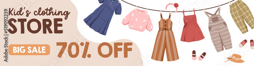 Kids clothes sale banner template. Children shop, discount advertisement design. Ad promotion background of toddlers summer apparel store. Childish fashion market. Colored flat vector illustration