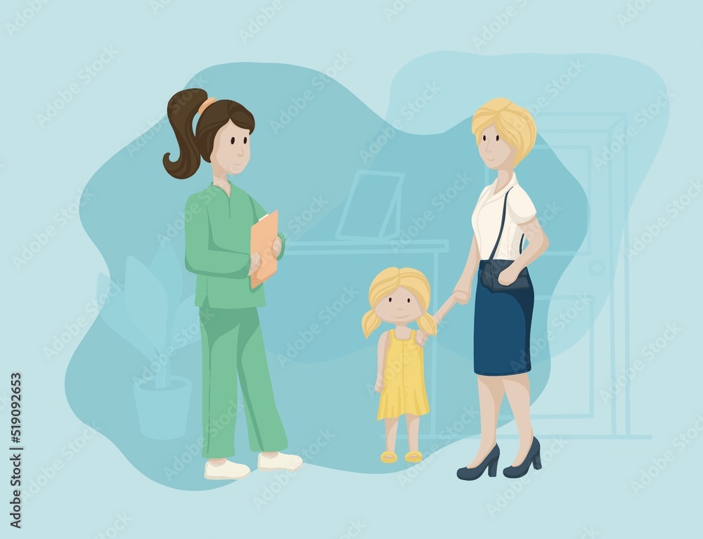 Simple illustration, nurse, child, doctor's appointment at the hospital