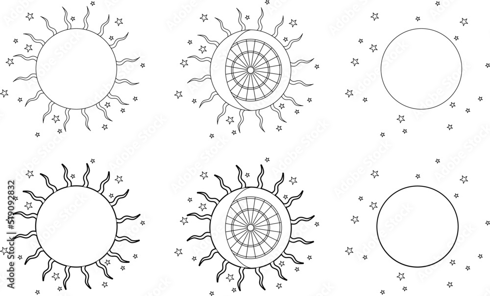 Sun, full moon and stars. Esoteric image for magical and astrological ...