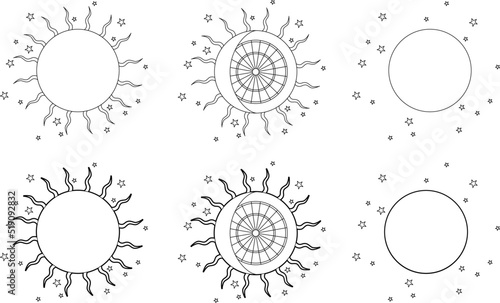 Sun, full moon and stars. Esoteric image for magical and astrological charts. Vector linear illustration isolated on white background