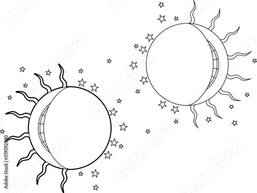 Moon phases. Half moon, quarter moon. Esoteric image for magical and astrological charts. Vector linear illustration isolated on white background