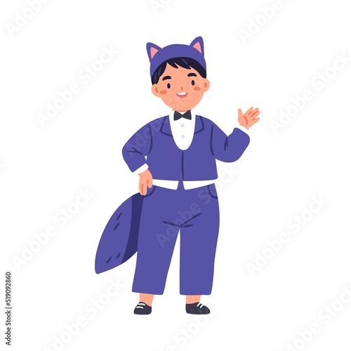 Cute boy kid disguised in animal carnival costume for funny holiday party. Ha...