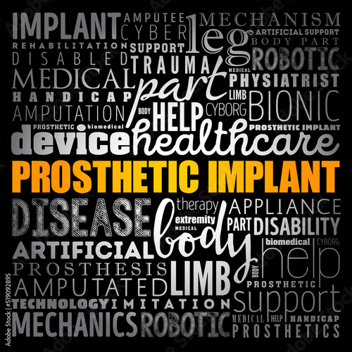 Prosthetic implant word cloud collage, medical concept background