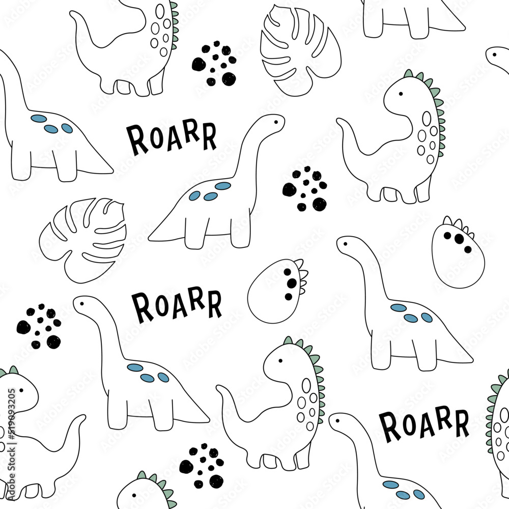 Vector hand-drawn dinosaurs, tropical leaves, eggs and the inscription roar. Cute dinosaurs. Coloring book for children and adults. Seamless pattern. Vector hand-drawn dinosaurs, tropical leaves, eggs and the inscription roar. Cute dinosaurs. Coloring book for children and adults. Seamless pattern.