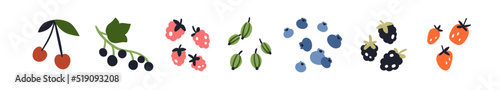 Berries set. Cherry, black currant, raspberry, gooseberry, blueberry, blackberry and red strawberry fruits. Fresh natural summer food. Flat vector illustrations isolated on white background