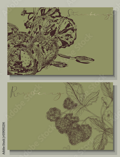 Line-drawn template with strawberries. Vintage style label for homemade jam