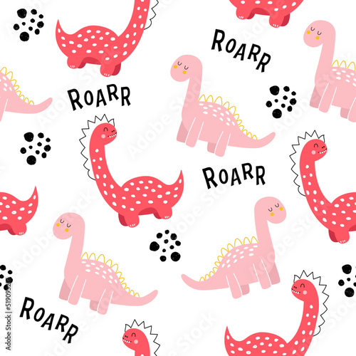 Vector hand drawn cute dinosaurs. Dino, lettering roar and dots in doodle style. Seamless baby wallpaper. Cute pattern.