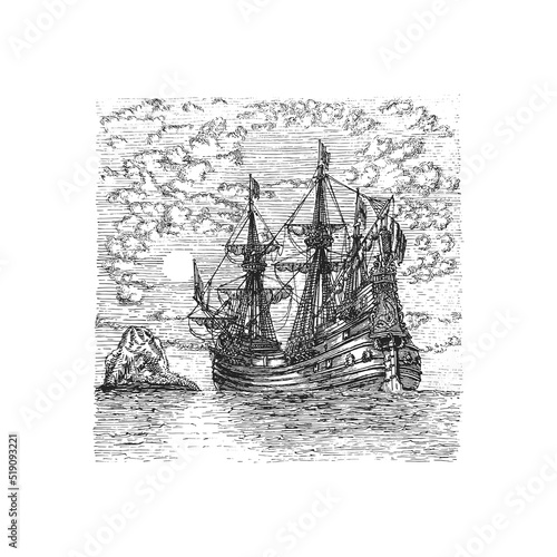 Marine view with sailing ship. Dutch fluyt sketch.
