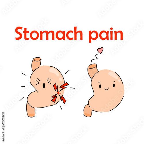 Stomach. Healthy and ailing stomach. Cartoon internal organs. Gastritis and heartburn inflammation. Improper diet, acid, infection. Stock vector illustration isolated on white background.