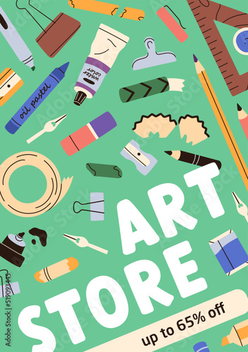 Art store sale, promo flyer design. Calligraphy supplies, tools price off, pr...
