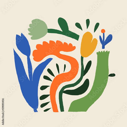 Hand drawn naive abstract floral illustration. Modern template for design. Cute cartoon style.