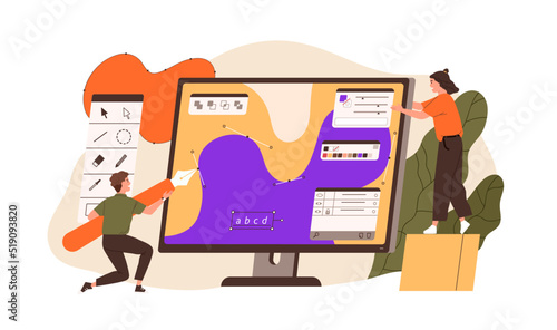 Digital artists drawing with pen tool in graphic editor program. Tiny creative illustrator creating illustration, design with curve, shape on computer screen. Flat vector isolated on white background