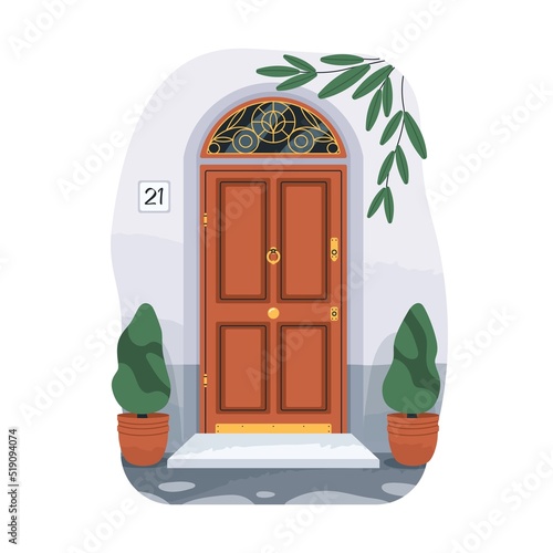 Front door of dwelling, house. Home entrance and wall exterior. Arch doorway vintage gold knocker, plants in planters, threshold. Building entry. Flat vector illustration isolated on white background