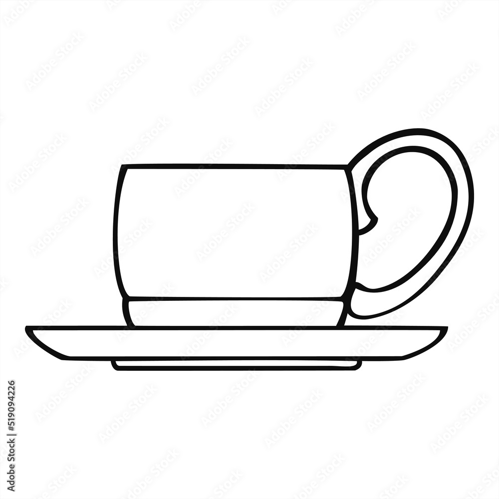 Monochrome picture, decorative ceramic cup and saucer, side view, vector illustration Monochrome picture, decorative ceramic cup and saucer, side view, vector illustration