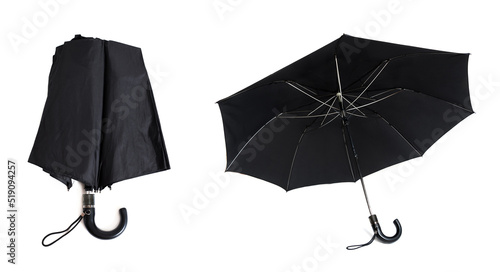 Black rain umbrella folded and unfolded on white photo
